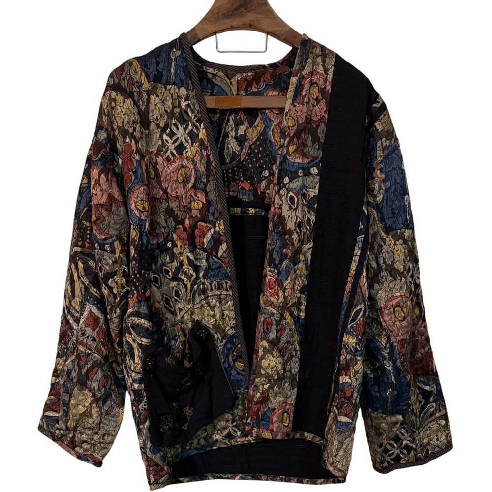 Vintage Donna Jessica Art to Wear Quilted Floral Batik Open Jacket Boho USA 12